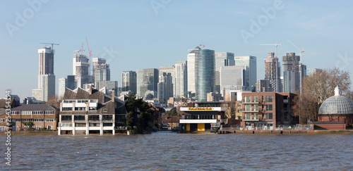 London  United Kingdom - Februari 21  2019  London skyline buildings in Canary Warf  view from the Thames