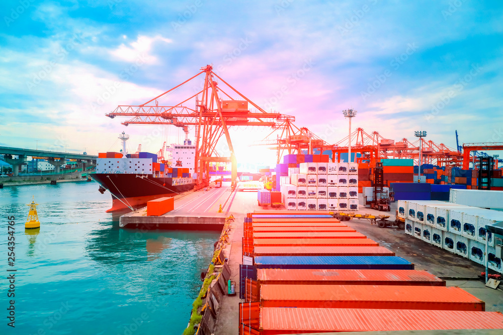 Naklejka premium Busan port at South Korea : container loading port to cargo ship 