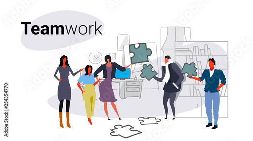 businesspeople holding puzzle parts problem solution teamwork and brainstorming concept business people team cooperation modern office interior sketch doodle full length horizontal