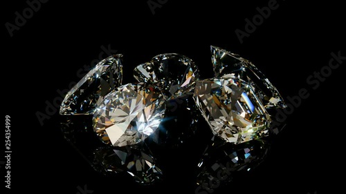 Five sparkling diamonds: princess, round, asscher, radiant, heart cut;  rotating on black glossy background. 3D seamless loop animation