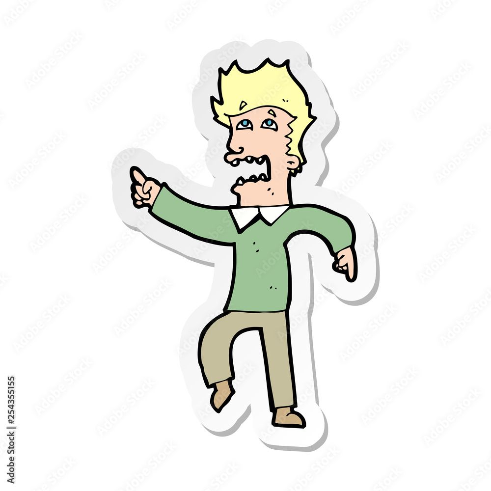 sticker of a cartoon frightened man pointing sticker of a cartoon frightened man pointing