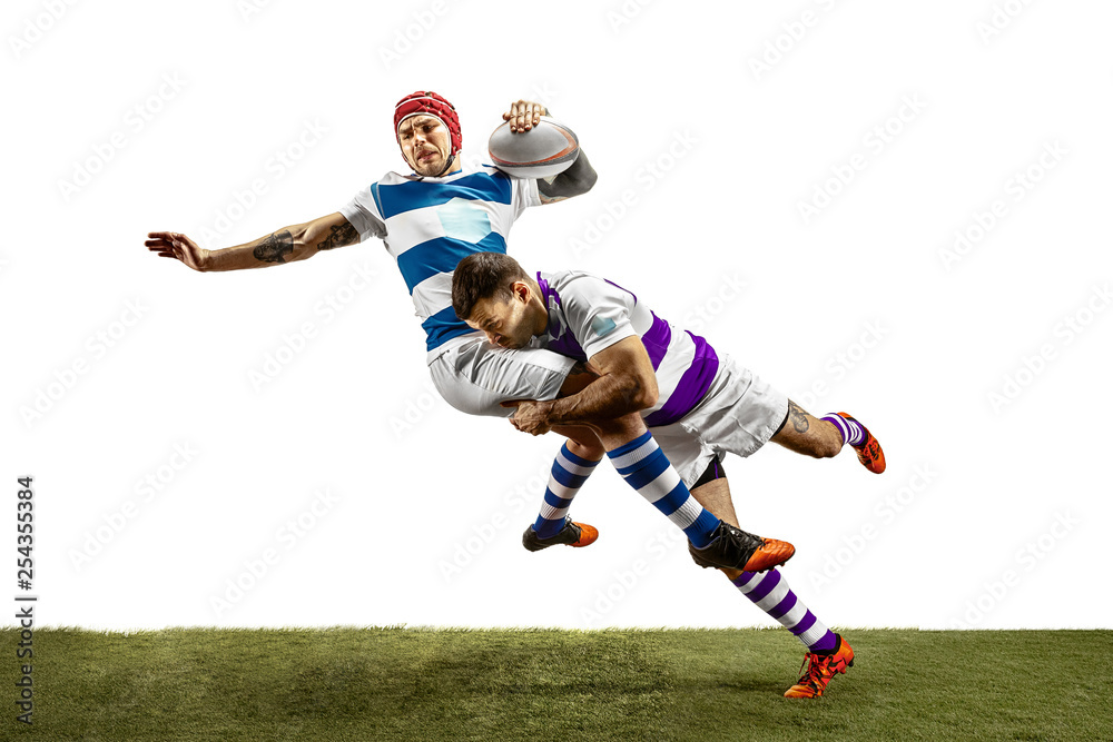 The silhouette of two caucasian rugby male players isolated on white background. Studio shot of fit men in motion or movement with ball. Jump and action concept. An incredible strain of all forces.