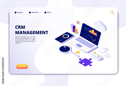 Crm concept. Customer relationship management. Database web system solution. Isometric landing page. Illustration of crm management, strategy market, analysis promotion