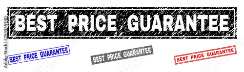 Grunge BEST PRICE GUARANTEE rectangle stamp seals isolated on a white background. Rectangular seals with distress texture in red, blue, black and gray colors.