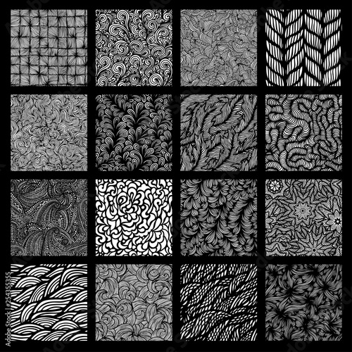Set of sixteen wavy curly seamless textures. Vector illustration.
