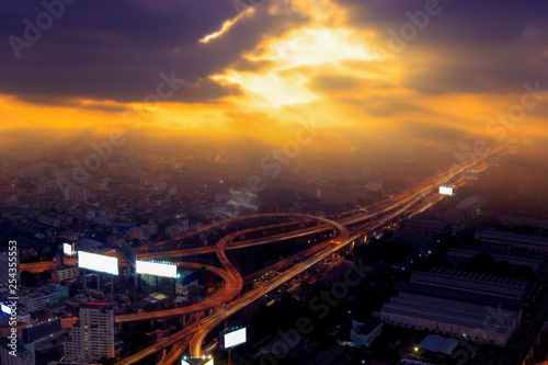 Bangkok city with the express way and the light of sun