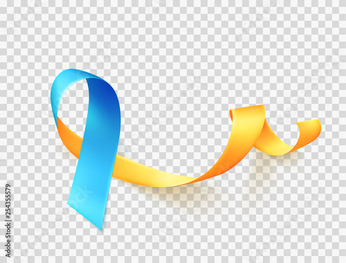 World Down Syndrome day. March 21. Realistic blue yellow ribbon symbol over transparent background. Vector.