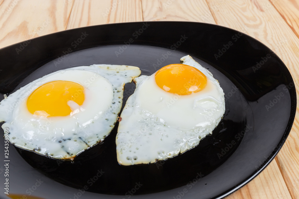 Fried eggs prepared sunny side up on black dish closeup Fried eggs prepared sunny side up on black dish closeup