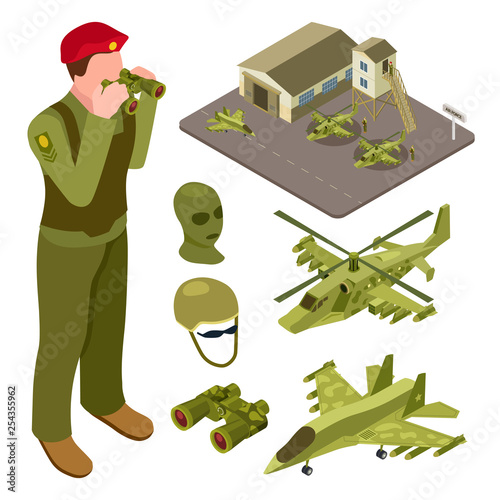 Military air force base isometric with helicopter, fighter aircraft, soldiers vector illustration. Isometric airplane military and air defense