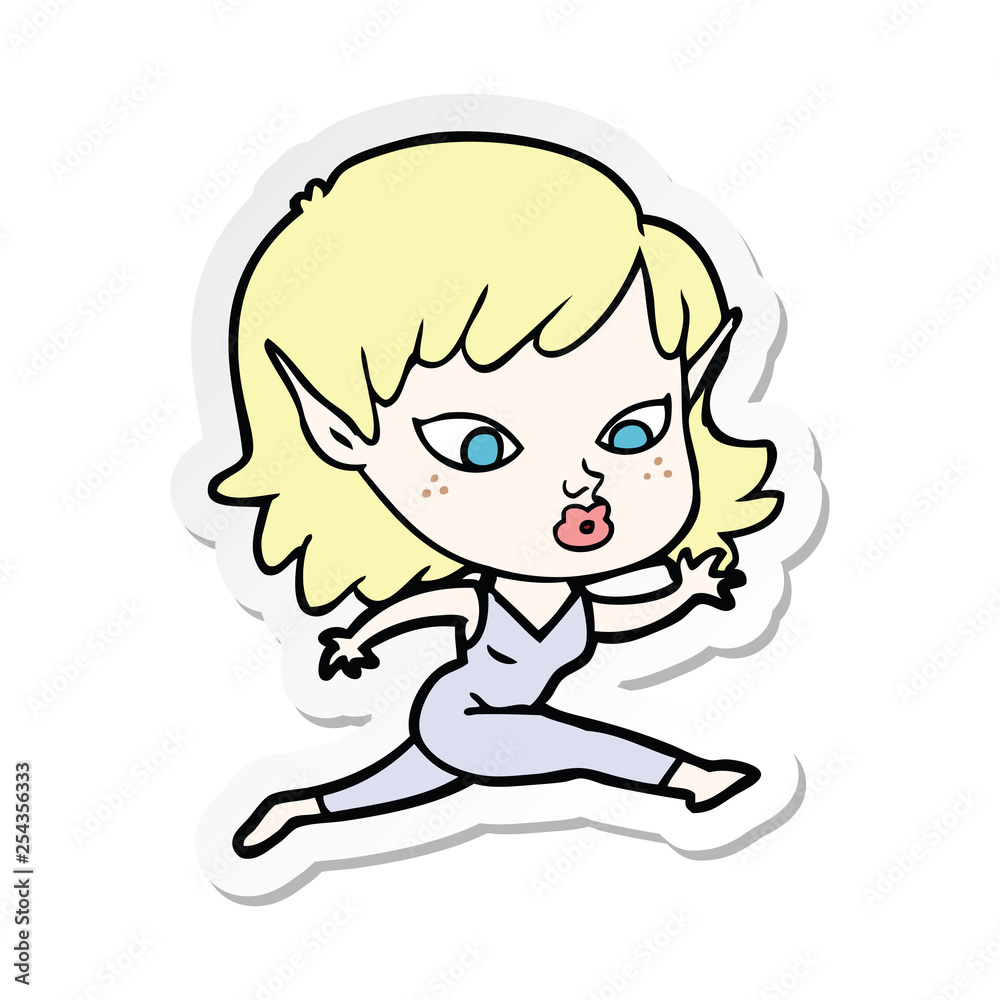 sticker of a pretty cartoon elf girl running sticker of a pretty cartoon elf girl running