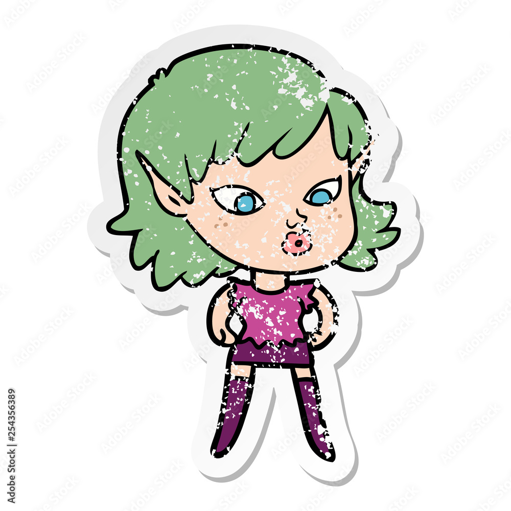 distressed sticker of a pretty cartoon elf girl distressed sticker of a pretty cartoon elf girl