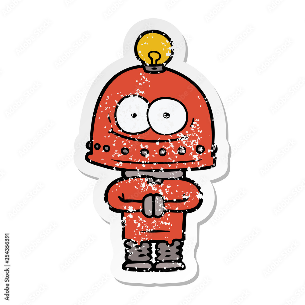 distressed sticker of a happy carton robot with light bulb