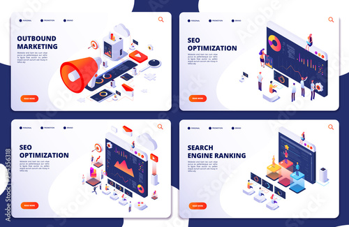 Search engine rank, seo optimization vector isometric landing pages. Seo marketing and analytics, online ranking result. Search engine rank banner, loudspeaker for promote illustration