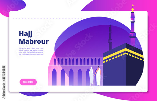 Hajj concept. Umrah hajj pray saudi people praying mabrour muslims travel makkah haram modern flat vector website design. Illustration of mecca for pilgrimage, haj muslim