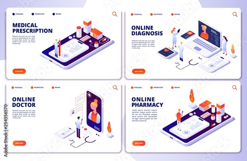 Vector online pharmacy, online doctor, web medicine landing pages. Illustration of medicine app, pharmacy and medical consultation