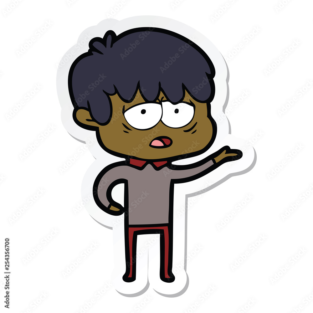 sticker of a cartoon exhausted boy sticker of a cartoon exhausted boy