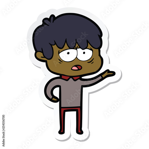 sticker of a cartoon exhausted boy