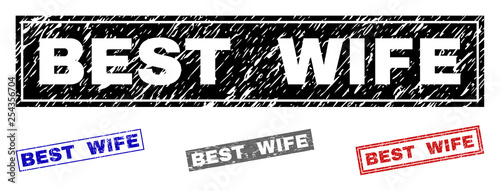Grunge BEST WIFE rectangle stamp seals isolated on a white background. Rectangular seals with grunge texture in red, blue, black and grey colors.