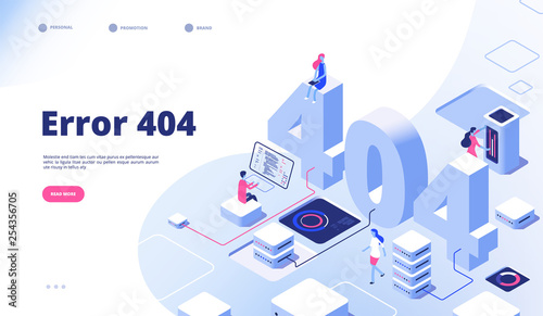 404 isometric page. Not working error lost not found 404 sign problem landing vector design. Illustration of 404 error page, 3d isometry webpage