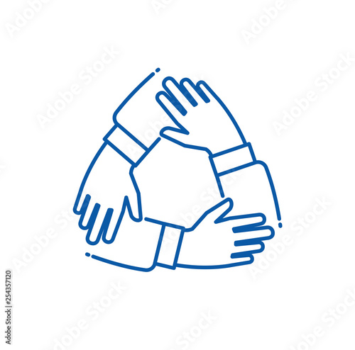 Teamwork hand. Hands on each other working group, alliance supporting team. Partnership business together unity vector line icon. Teamwork friendship, work support cooperation illustration