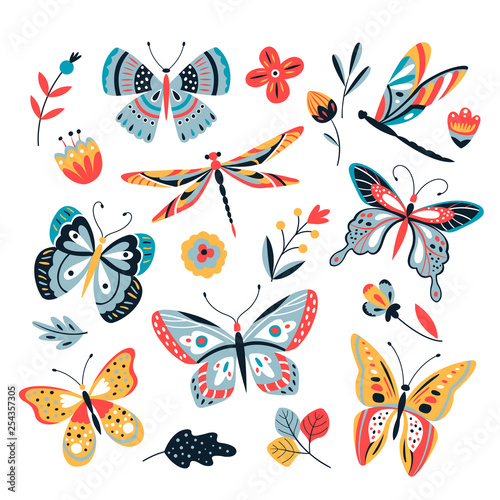 Butterfly on flowers. Insect dragonflies butterflies moth and flower hand drawn, sketch vector isolated set. Butterfly and dragonfly illustration