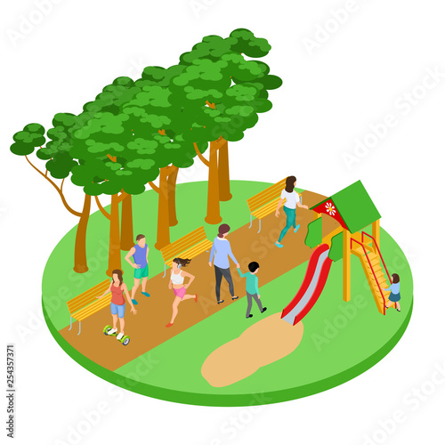 People have relax in park vector isometric concept. Outdoor park  activity people illustration