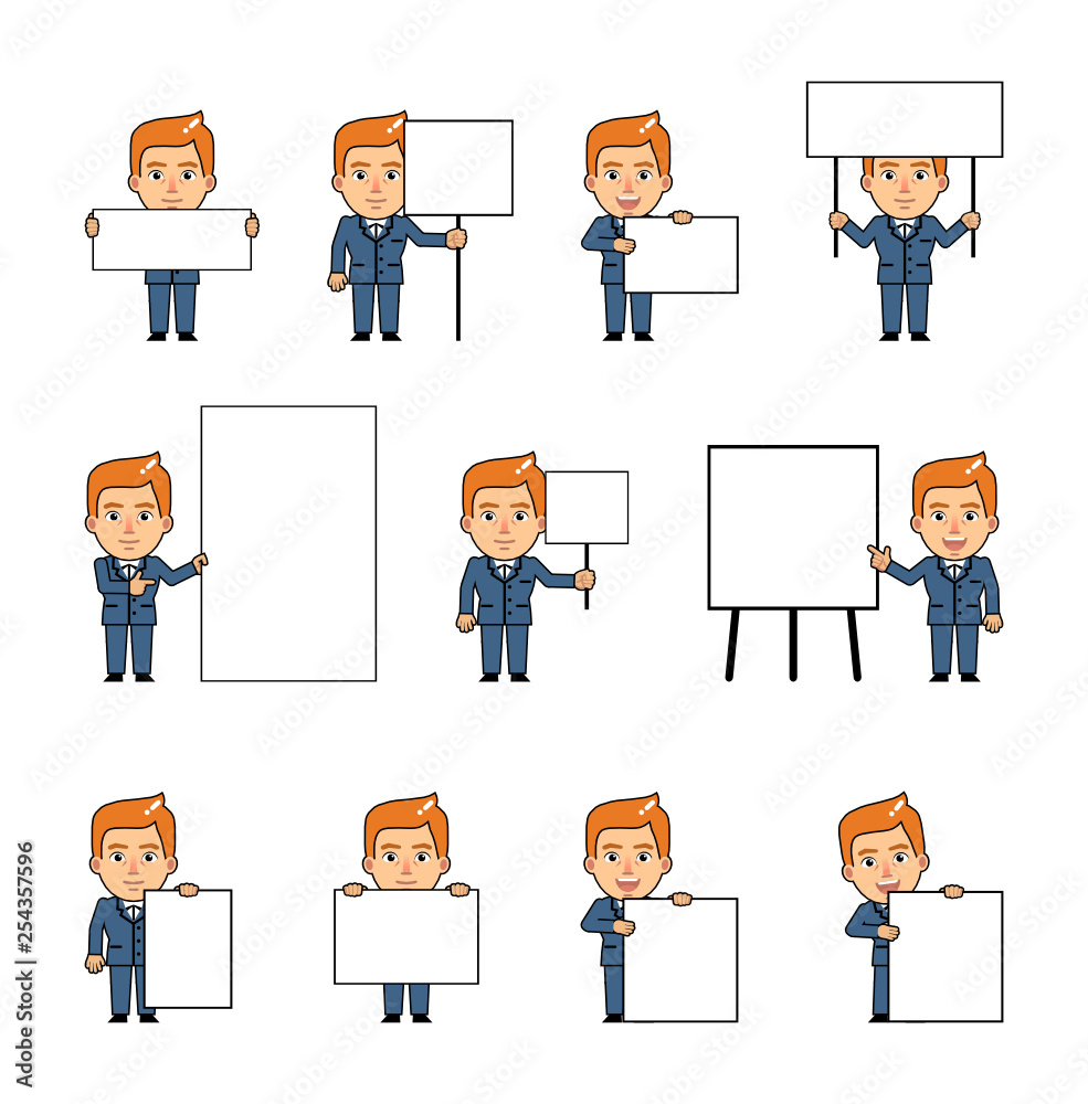 Set of diverse chibi man characters holding blank banners. Funny blonde businessman holding paper, poster, placard, pointing to whiteboard. Teach, advertise, promote. Simple vector illustration Set of diverse chibi man characters holding blank banners. Funny blonde businessman holding paper, poster, placard, pointing to whiteboard. Teach, advertise, promote. Simple vector illustration