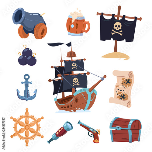 Vector pirate paraphernalia isolated on white background. Pirate boat, skull and ancho illustration