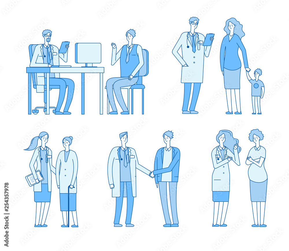 Doctor patients. Doctors nurse talking to man, old woman senior patient visit clinic. Treatment healthcare linear vector characters. Hospital care, professional healthcare illustration Doctor patients. Doctors nurse talking to man, old woman senior patient visit clinic. Treatment healthcare linear vector characters. Hospital care, professional healthcare illustration