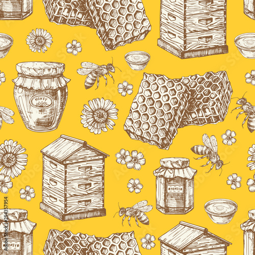 Hand drawn honey seamless pattern with jars, bee, flowers and beehive. Illustration of bee and sweet honey, natural beeswax