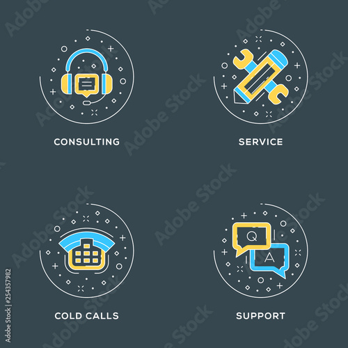Consulting, service, cold calls, support. Set of 4 flat line icons on dark background. Flat line illustration concept for web banner and printed materials. Vector illustration