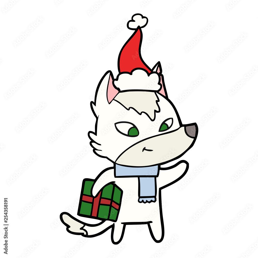 friendly line drawing of a christmas wolf wearing santa hat friendly line drawing of a christmas wolf wearing santa hat