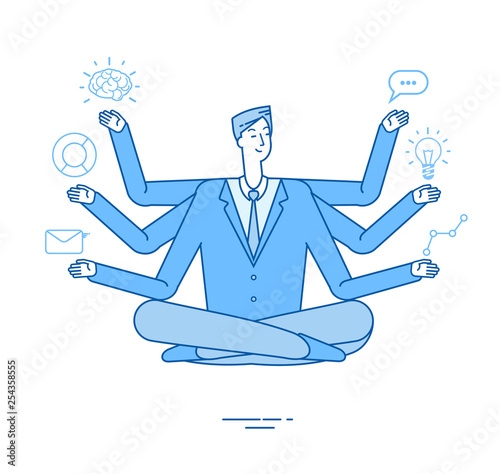 Multitasking businessman. Project manager sitting in relaxation yoga lotus pose thinking on tasks. Effective management vector concept. Multitasking businessman yoga, manager character illustration