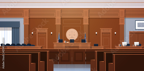 empty courtroom with judge and secretary workplace jury box seats modern courthouse interior justice and jurisprudence concept horizontal photo