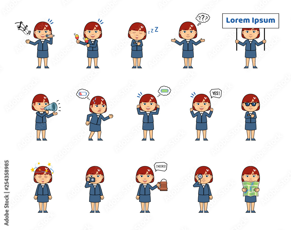 Set of chibi woman characters showing diverse actions, emotions. Kawaii businesswoman holding loudspeaker, map, placard, singing, sleeping, tired and doing other actions. Simple vector illustration