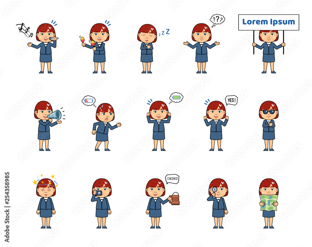Set of chibi woman characters showing diverse actions, emotions. Kawaii businesswoman holding loudspeaker, map, placard, singing, sleeping, tired and doing other actions. Simple vector illustration Set of chibi woman characters showing diverse actions, emotions. Kawaii businesswoman holding loudspeaker, map, placard, singing, sleeping, tired and doing other actions. Simple vector illustration