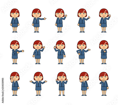 Set of chibi woman characters showing diverse hand gestures. Kawaii businesswoman pointing, greeting, showing thumb up, this way, victory, stop sign and other hand gestures. Simple vector illustration photo