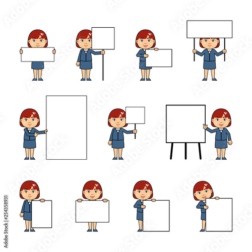 Set of chibi woman characters posing with diverse blank banners. Funny businesswoman holding paper, poster, placard, pointing to whiteboard. Teach, advertise, promote. Simple vector illustration