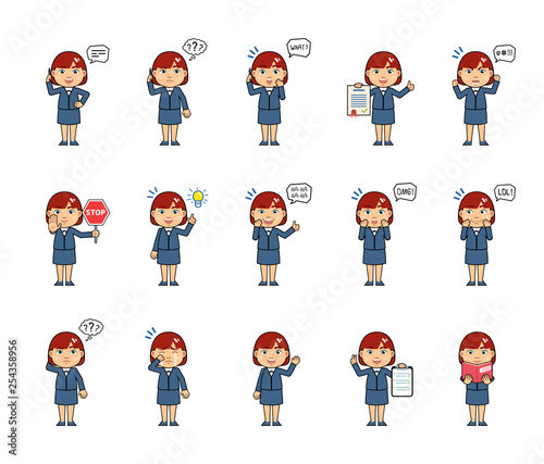 Set of chibi woman characters showing diverse actions  emotions. Kawaii businesswoman talking on phone  reading a book  surprised  angry  thinking and doing other actions. Simple vector illustration