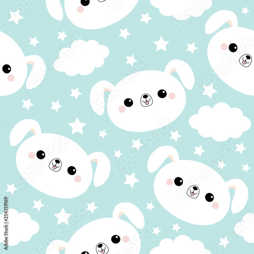 Seamless Pattern. White dog face. Cloud star in the sky. Cute cartoon kawaii funny smiling baby character. Wrapping paper, textile template. Nursery decoration. Blue background. Flat design