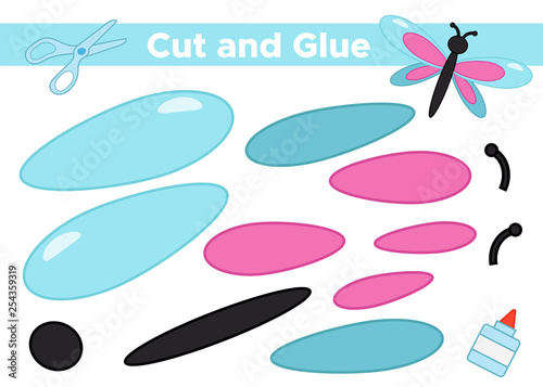Education paper game for preschool kids. Create the applique cute dragonfly. Cut and glue. Vector illustration.