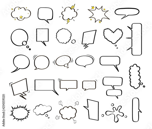 Large collection of empty comic speech bubbles of different shapes. Black and white vector illustration