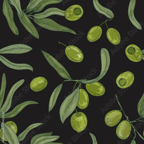 Natural seamless pattern with olive tree branches, leaves, green organic raw ...