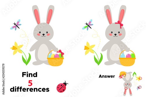 Cute cartoon kawaii rabbit with basket of Easter eggs. Educational game for children. Find 5 differences. Spring flowers - narcissus. Vector illustration.