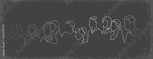 Group of people continuous one line vector drawing. Family, friends hand drawn characters silhouette clipart.