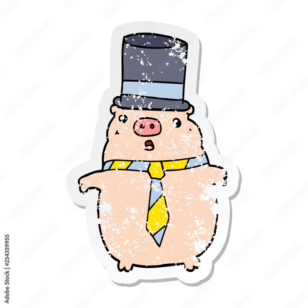distressed sticker of a cartoon business pig