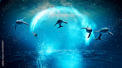 Photography Whales traveling in blue water near surface