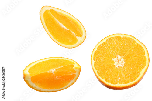 orange with slices isolated on white background. healthy food. top view