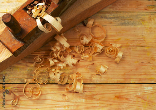 carpenter tools on wood table background