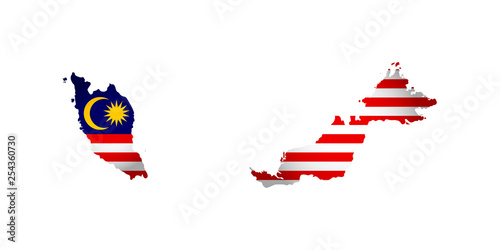 Vector isolated simplified illustration icon with silhouette of Malaysia map. National flag. White background